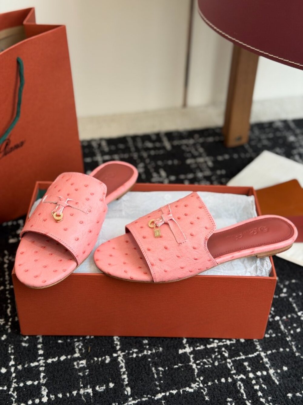 Loro Piana Ostrich Print Charms Flat Mules Pink Leather Slide Sandals